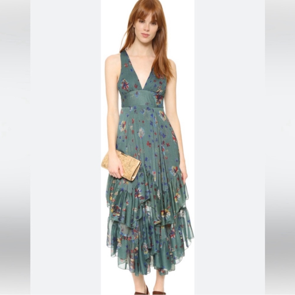 Free People Catching Glances Teal Floral Print Ruffle Midi Dress - size 4